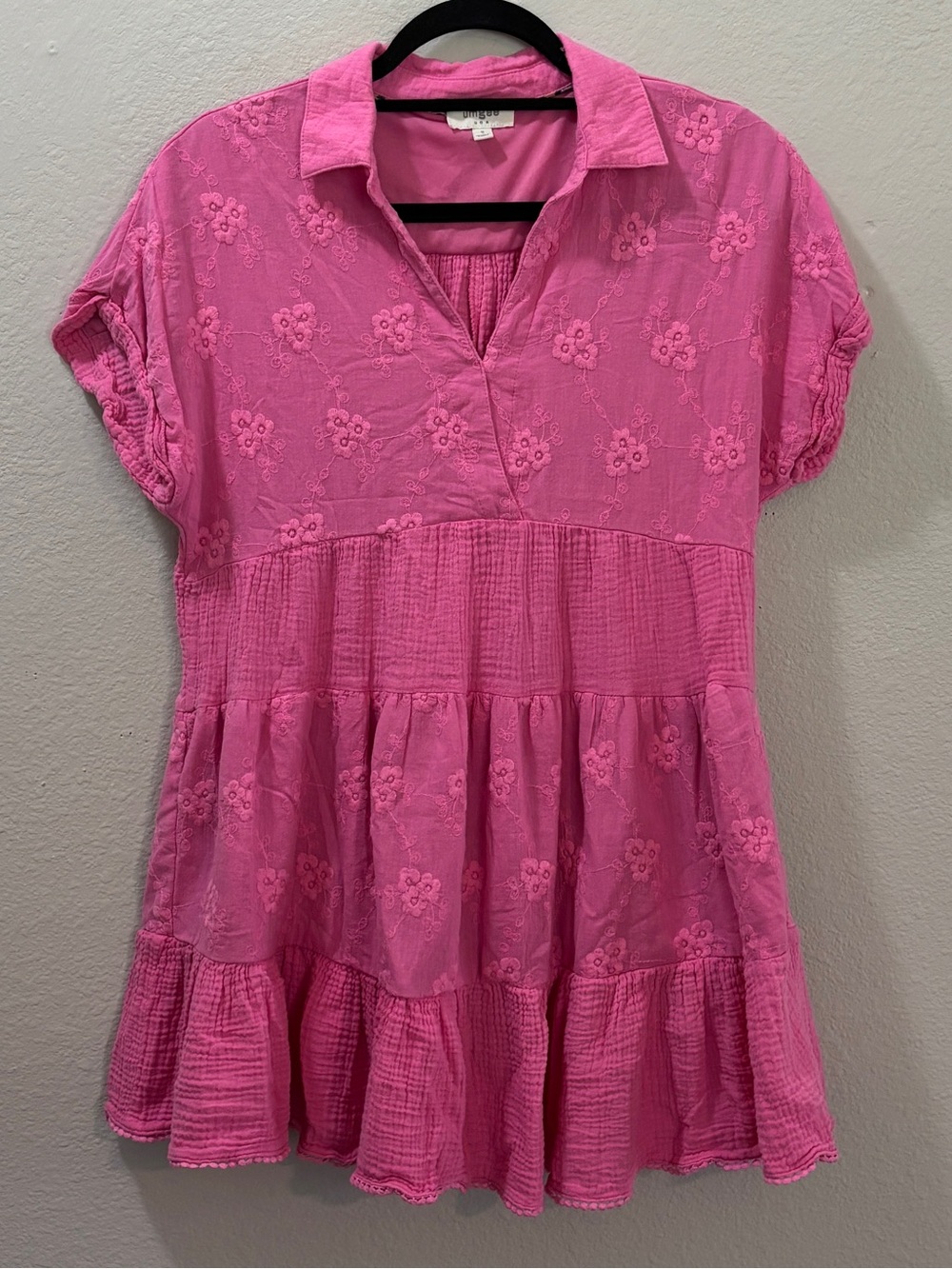 Umgee Pink Floral Embroidered Boho Babydoll Cotton Mini Dress Size Small